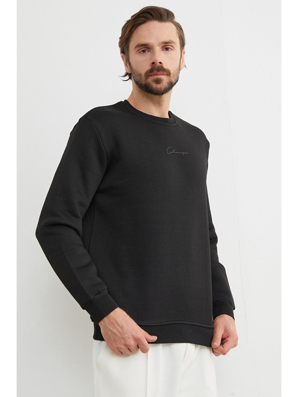 Siyah 3 İplik Yazı Baskılı Bisiklet Yaka Sweatshirt-2