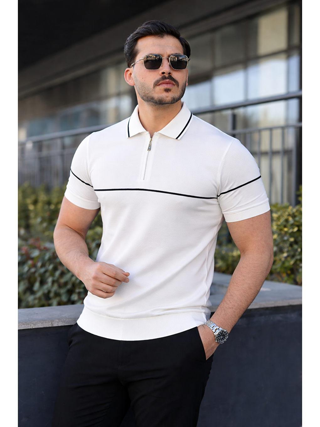Erkek Günlük Çizgili Fermuarlı Triko Beyaz Polo Yaka Tişört-1
