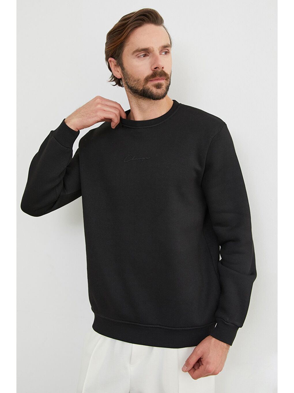 Siyah 3 İplik Yazı Baskılı Bisiklet Yaka Sweatshirt-4