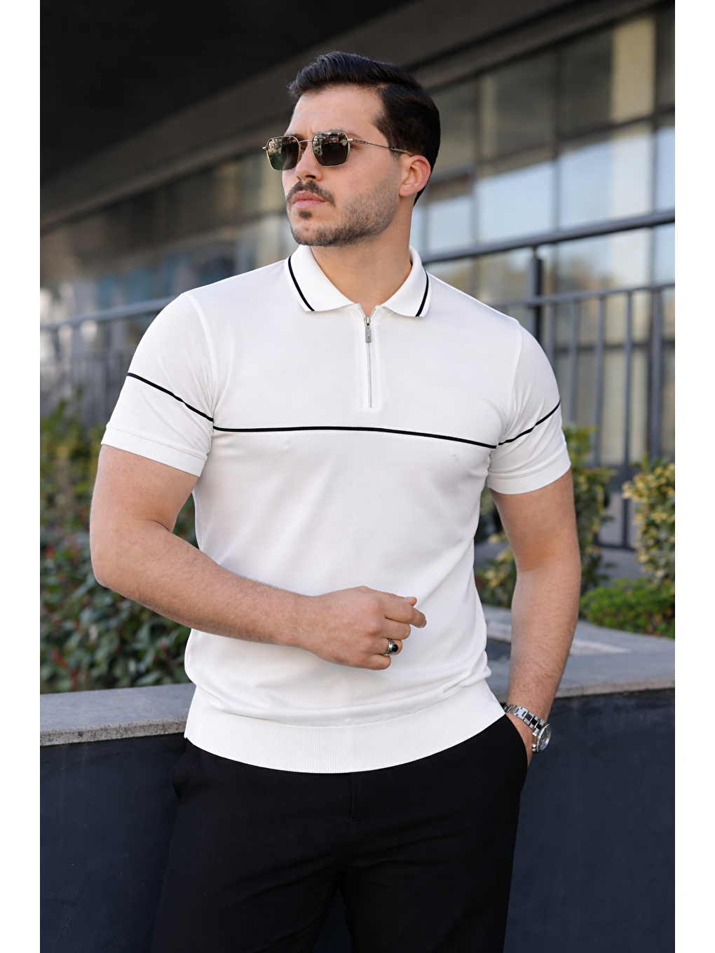 Erkek Günlük Çizgili Fermuarlı Triko Beyaz Polo Yaka Tişört-2