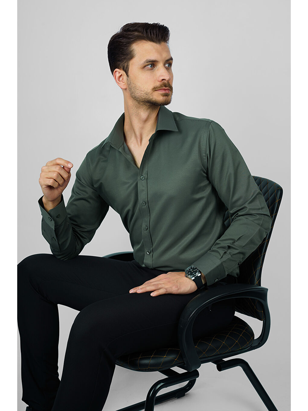Yeşil Saten Slimfit Erkek Gömlek-1