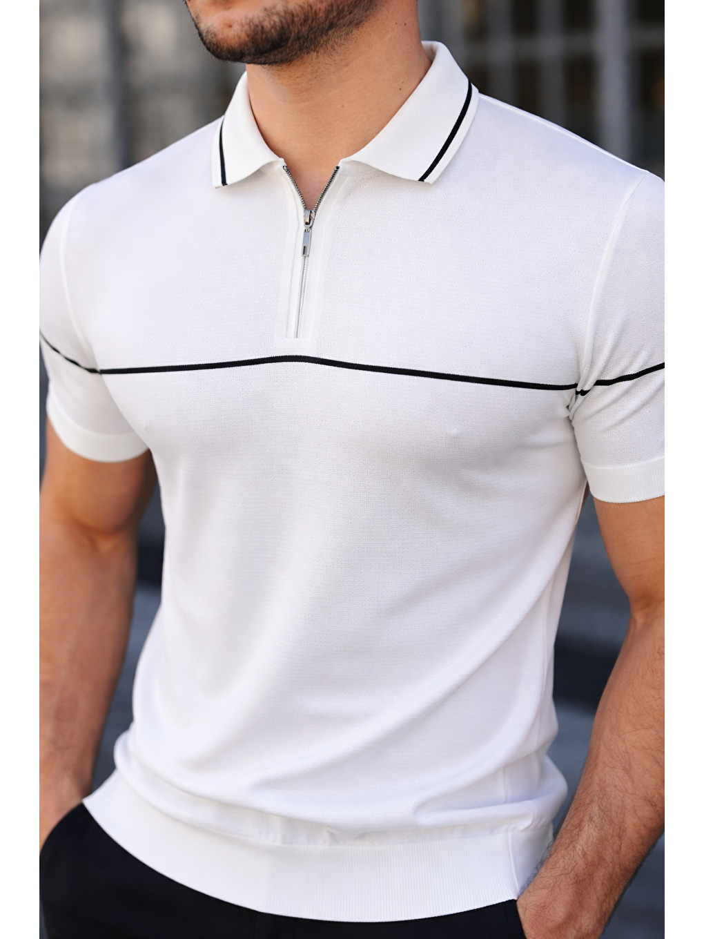 Erkek Günlük Çizgili Fermuarlı Triko Beyaz Polo Yaka Tişört-3