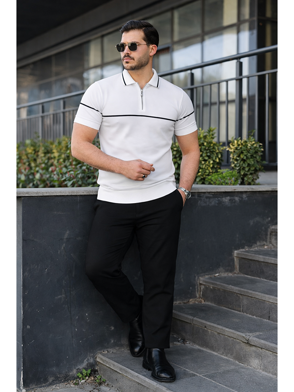 Erkek Günlük Çizgili Fermuarlı Triko Beyaz Polo Yaka Tişört-4