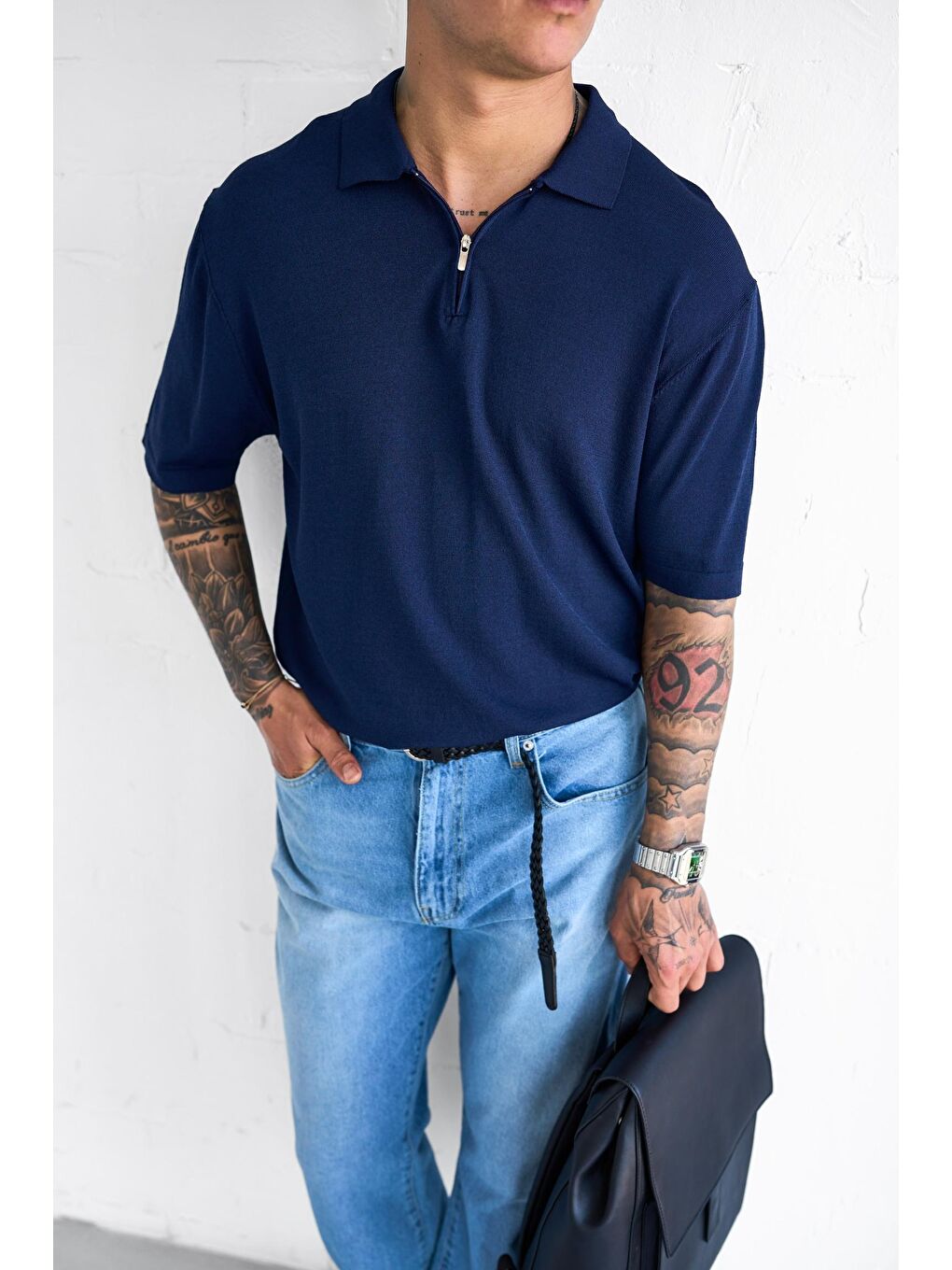 Erkek Yarım Fermuarlı Polo Yaka Tişört Lacivert-1