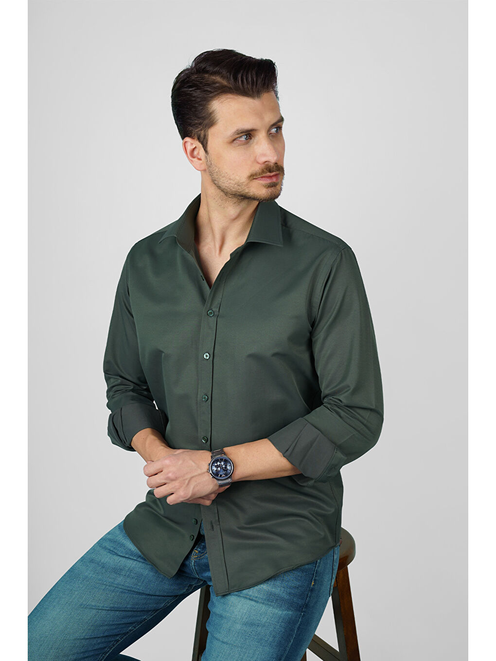 Yeşil Saten Slimfit Erkek Gömlek-3