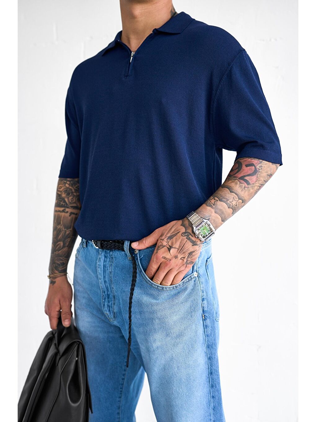 Erkek Yarım Fermuarlı Polo Yaka Tişört Lacivert-2