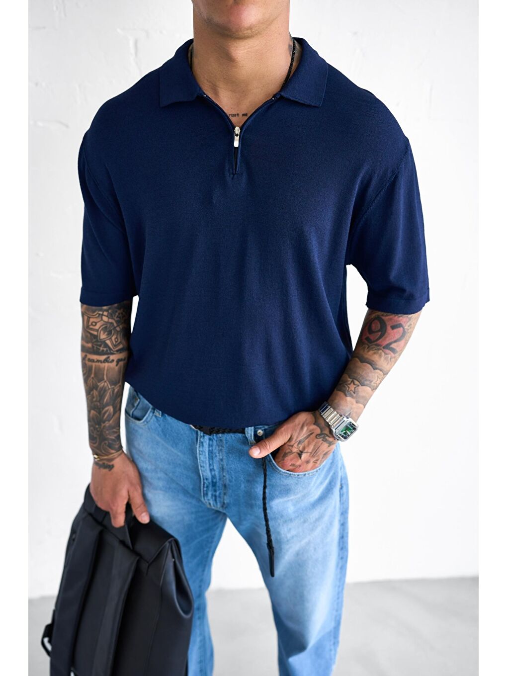 Erkek Yarım Fermuarlı Polo Yaka Tişört Lacivert-3