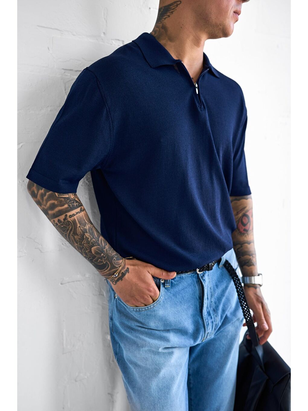 Erkek Yarım Fermuarlı Polo Yaka Tişört Lacivert-4