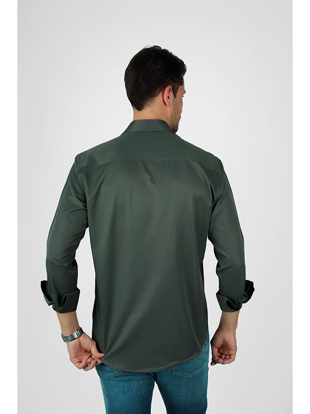 Yeşil Saten Slimfit Erkek Gömlek-5