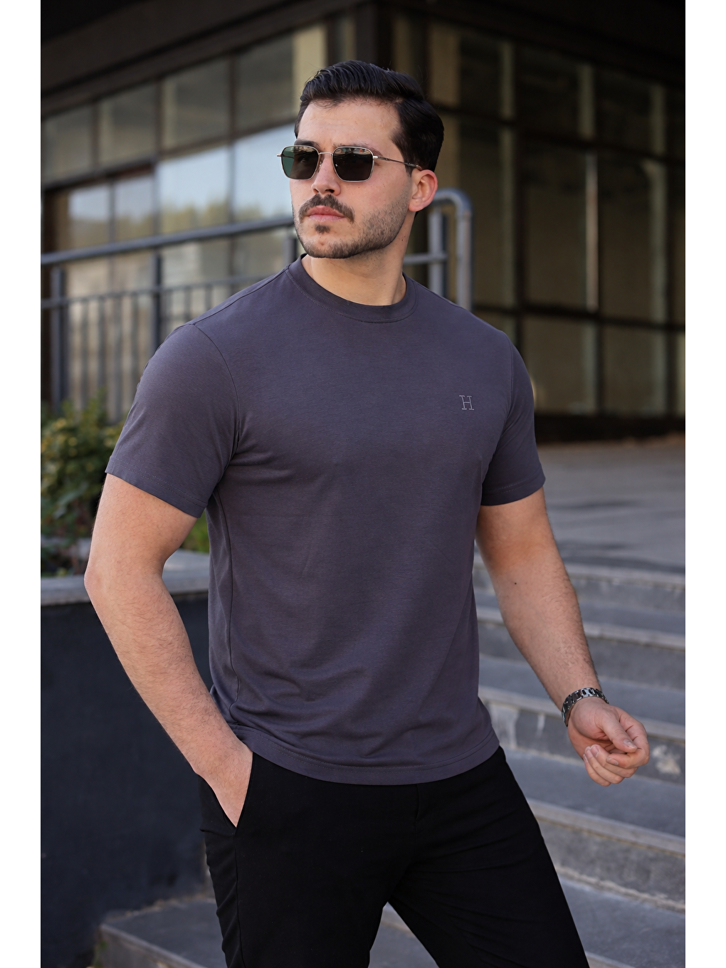 Gri Erkek Kısa Kol Yazlık Baskılı Füme Dar Tişört-3