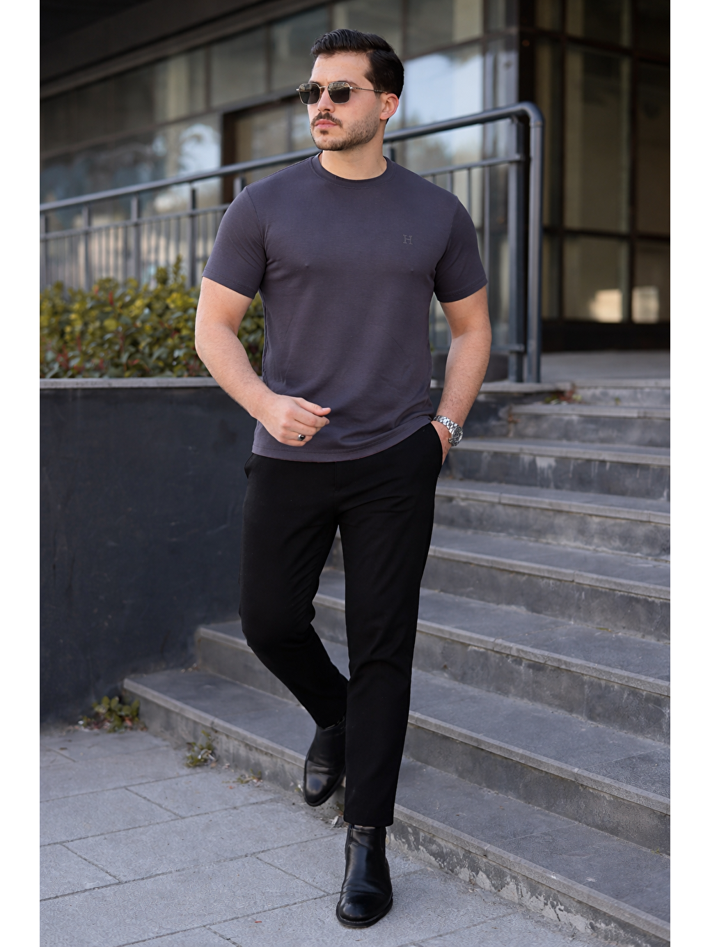 Gri Erkek Kısa Kol Yazlık Baskılı Füme Dar Tişört-4