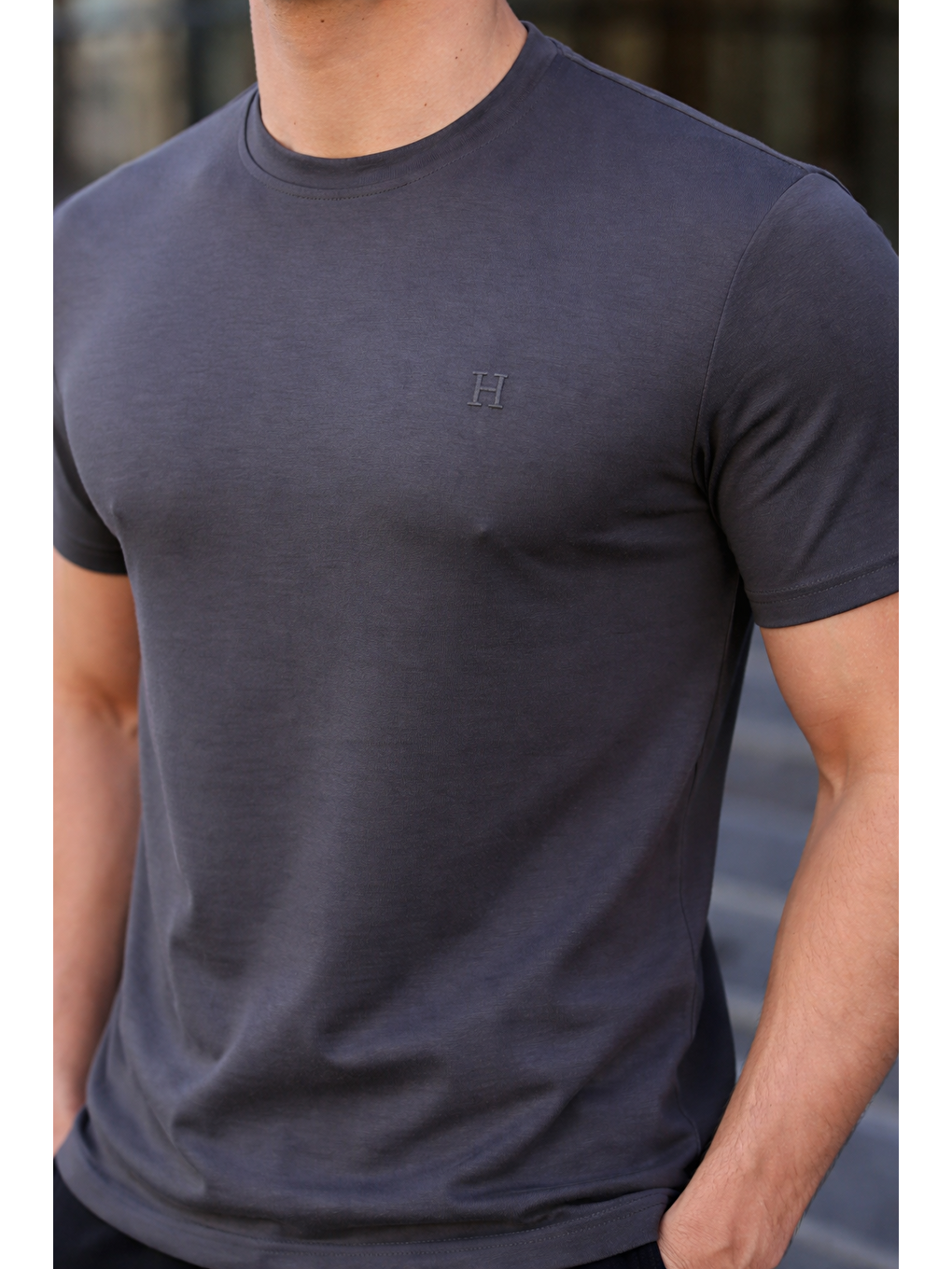 Gri Erkek Kısa Kol Yazlık Baskılı Füme Dar Tişört-5