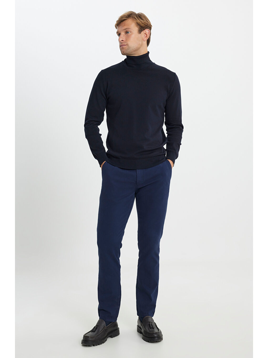 Erkek Lacivert Pamuklu Standart Fit Normal Kesim Tam Balıkçı Yaka Basic Triko Kazak-1