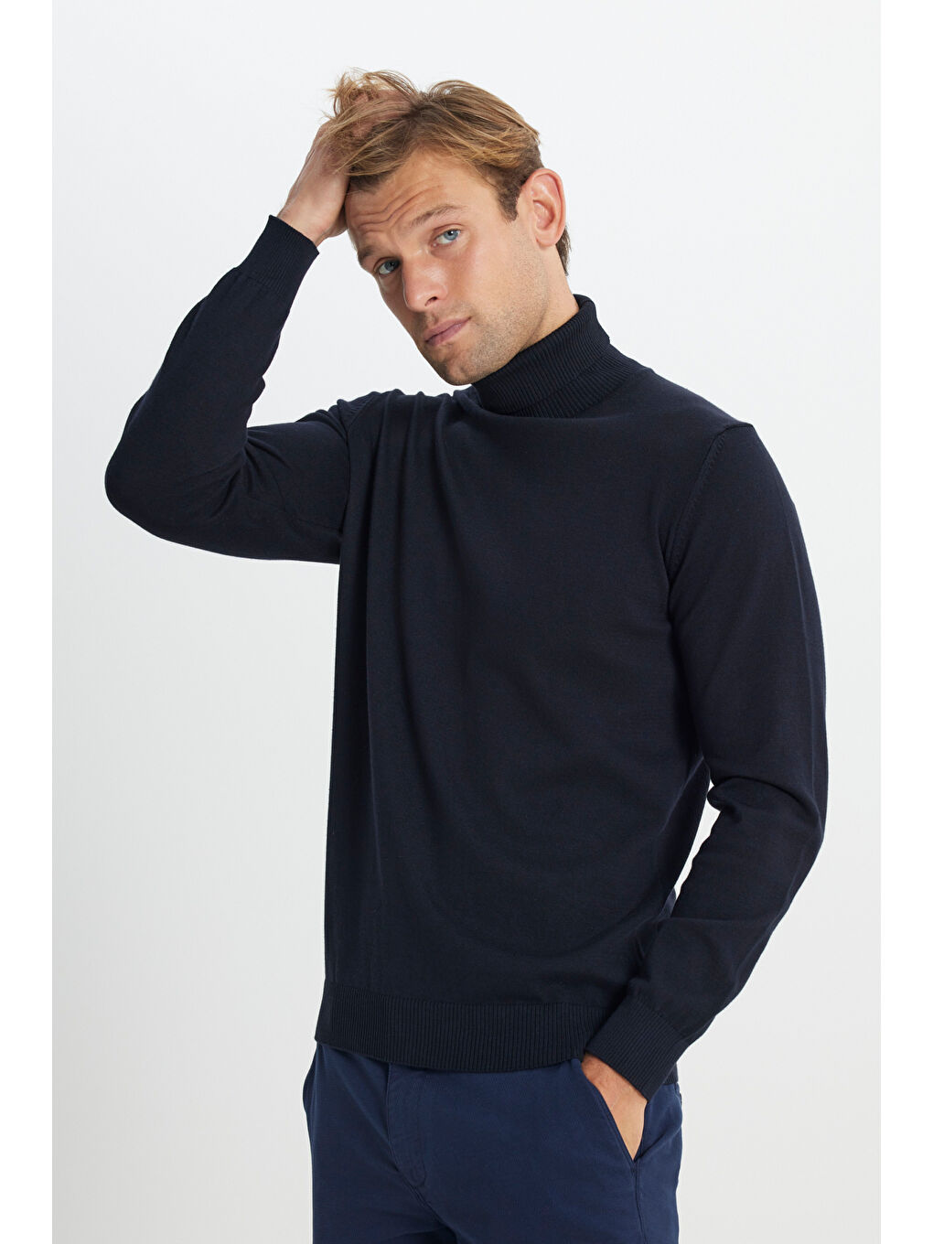 Erkek Lacivert Pamuklu Standart Fit Normal Kesim Tam Balıkçı Yaka Basic Triko Kazak-2