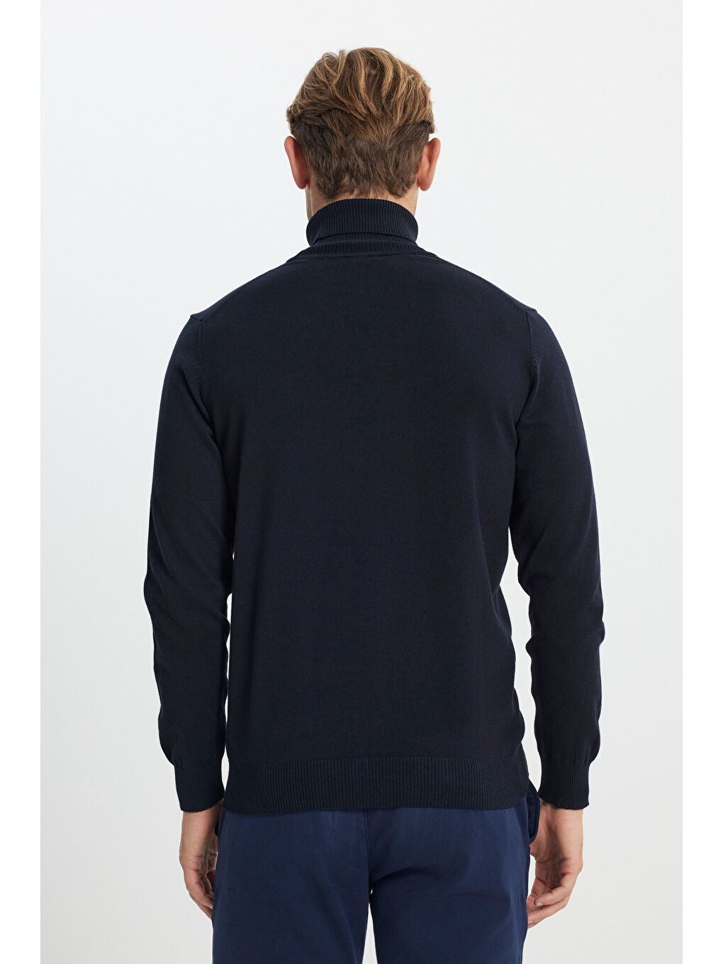 Erkek Lacivert Pamuklu Standart Fit Normal Kesim Tam Balıkçı Yaka Basic Triko Kazak-4