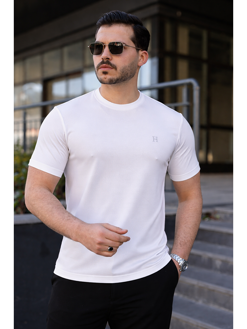 Erkek Kısa Kol Yazlık Baskılı Beyaz Dar Tişört-2