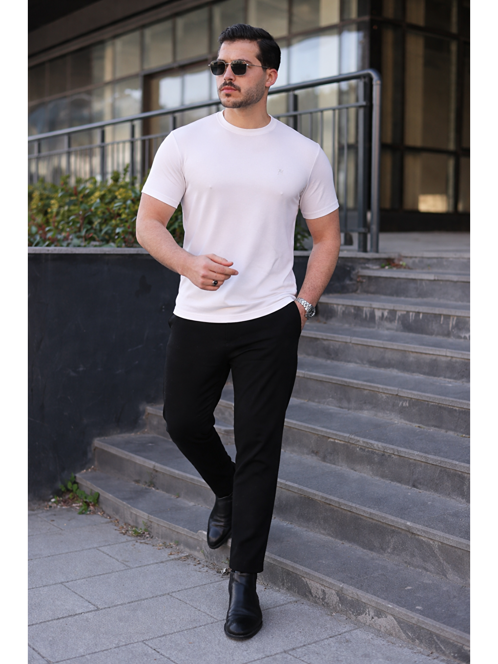 Erkek Kısa Kol Yazlık Baskılı Beyaz Dar Tişört-3