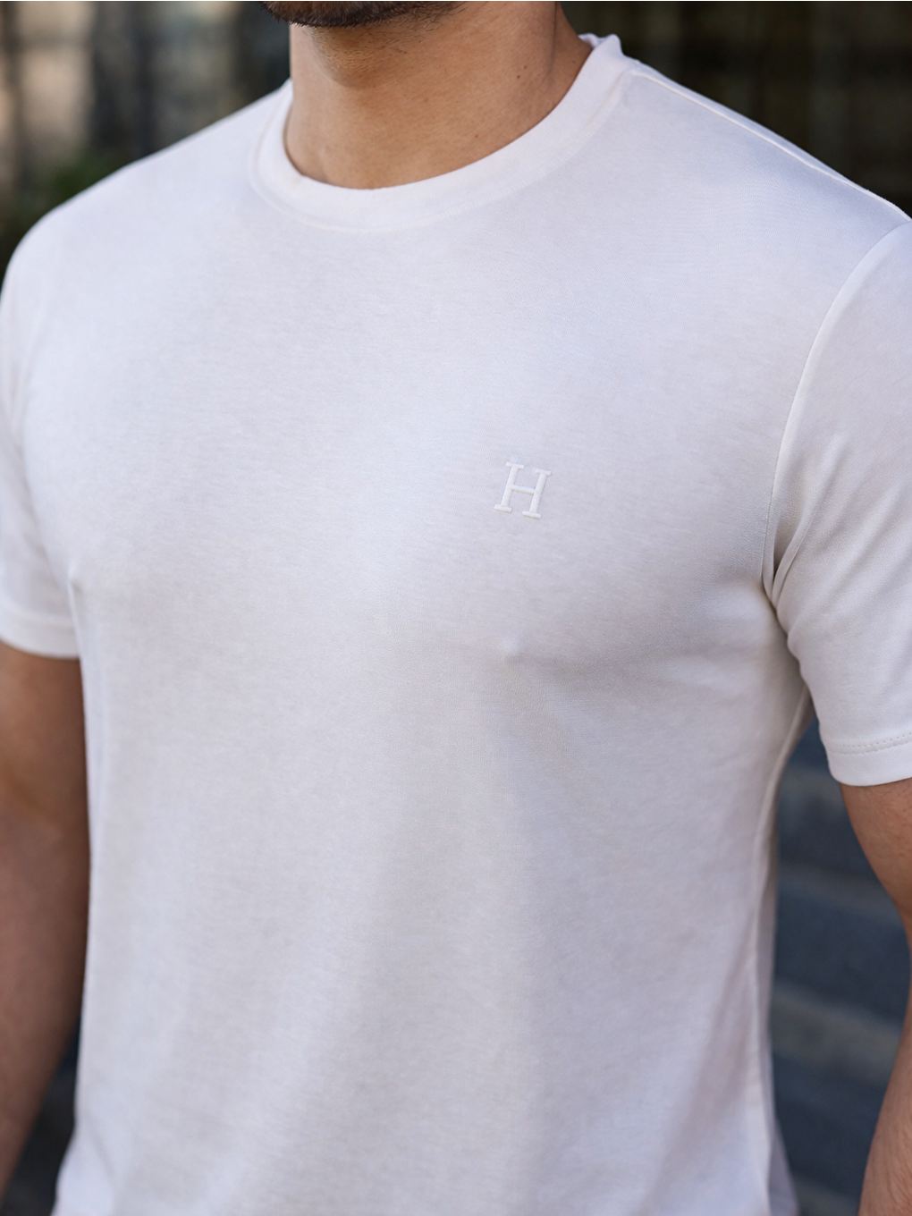 Erkek Kısa Kol Yazlık Baskılı Beyaz Dar Tişört-4