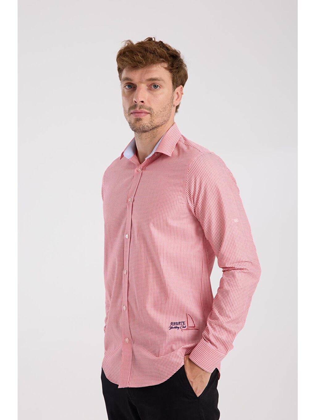 Aclub Ac10073 Poplin Pamuklu Slim Fit Kırmızı Düğmeli Yaka Erkek Kareli Gömlek-1