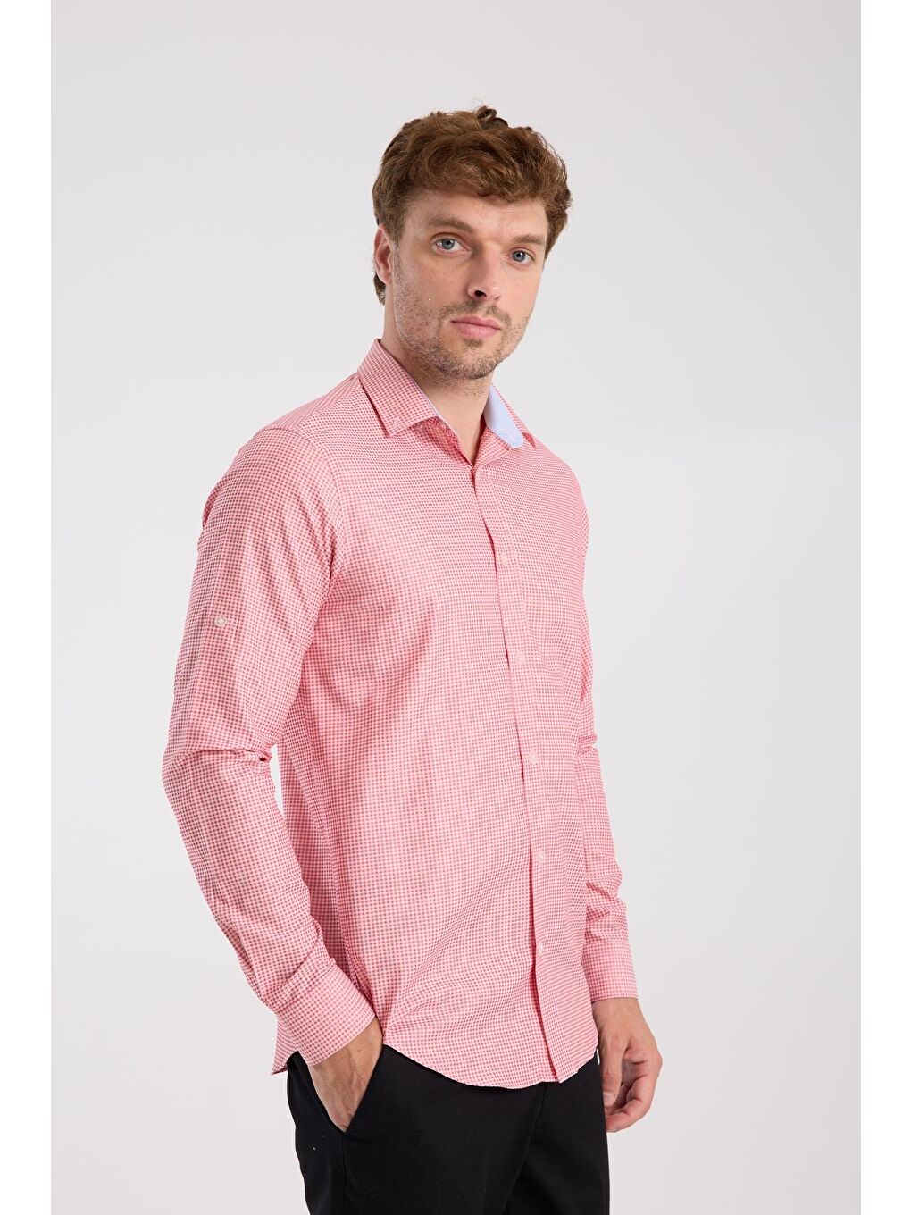 Aclub Ac10073 Poplin Pamuklu Slim Fit Kırmızı Düğmeli Yaka Erkek Kareli Gömlek-2