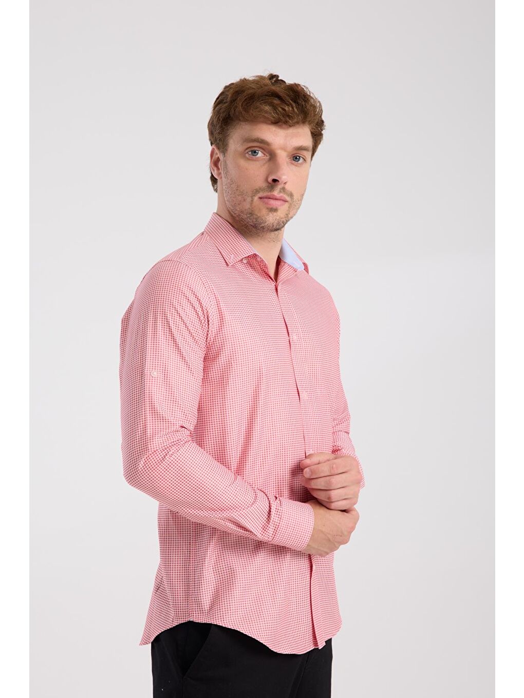 Aclub Ac10073 Poplin Pamuklu Slim Fit Kırmızı Düğmeli Yaka Erkek Kareli Gömlek-3