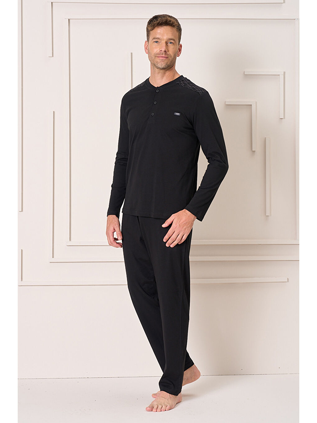 Erkek Pamuk Uzun Kol Pijama Takımı 4102 Siyah-1