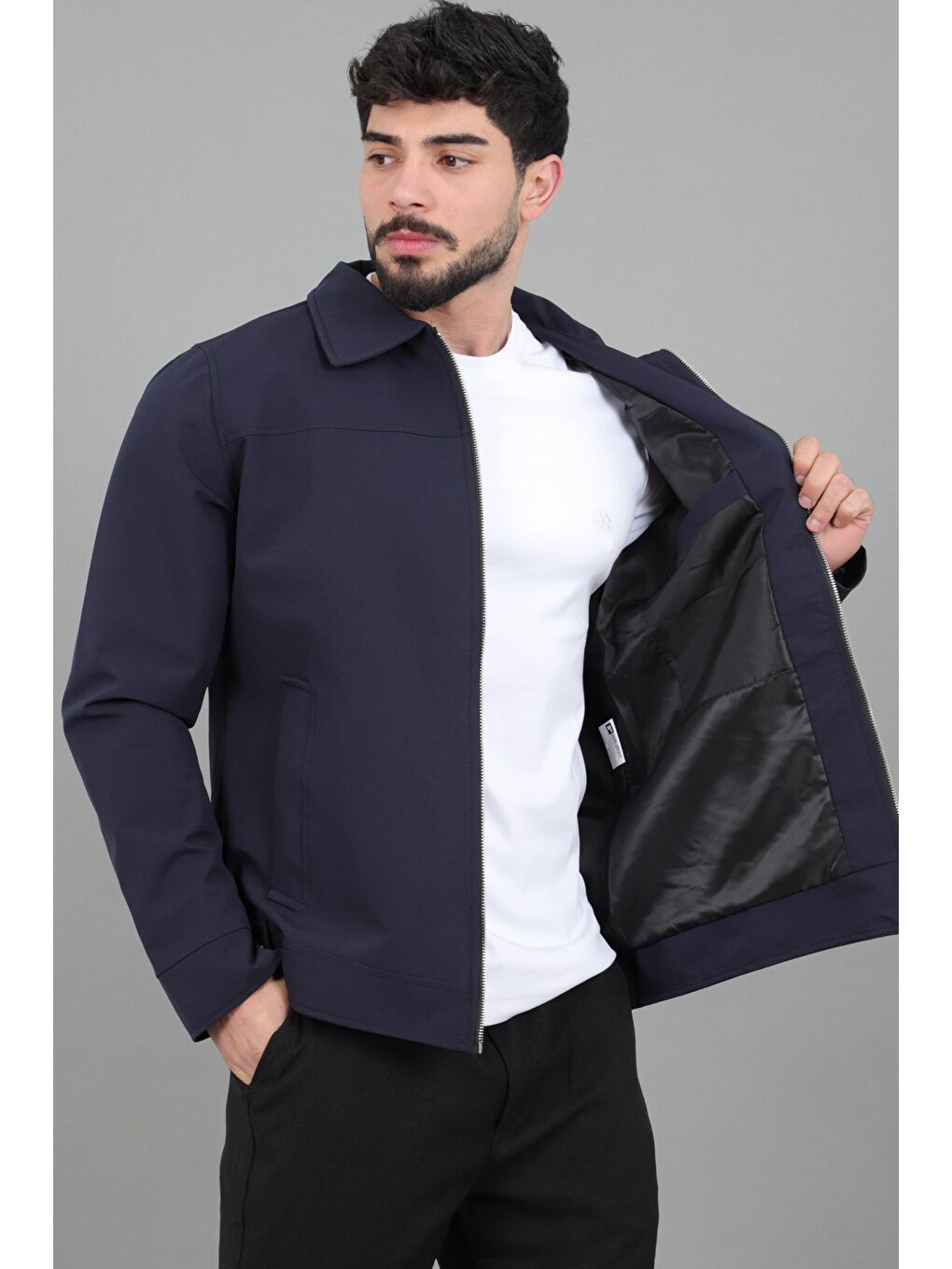 Lacivert Yakalı Fermuarlı Mevsimlik Mont PLDP 3033_60390-4