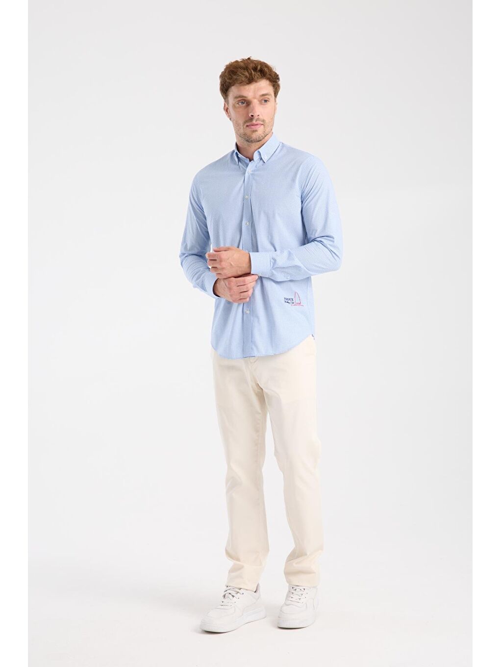 Aclub Ac10073 Poplin Pamuklu Slim Fit Açık Mavi Düğmeli Yaka Erkek Kareli Gömlek-1