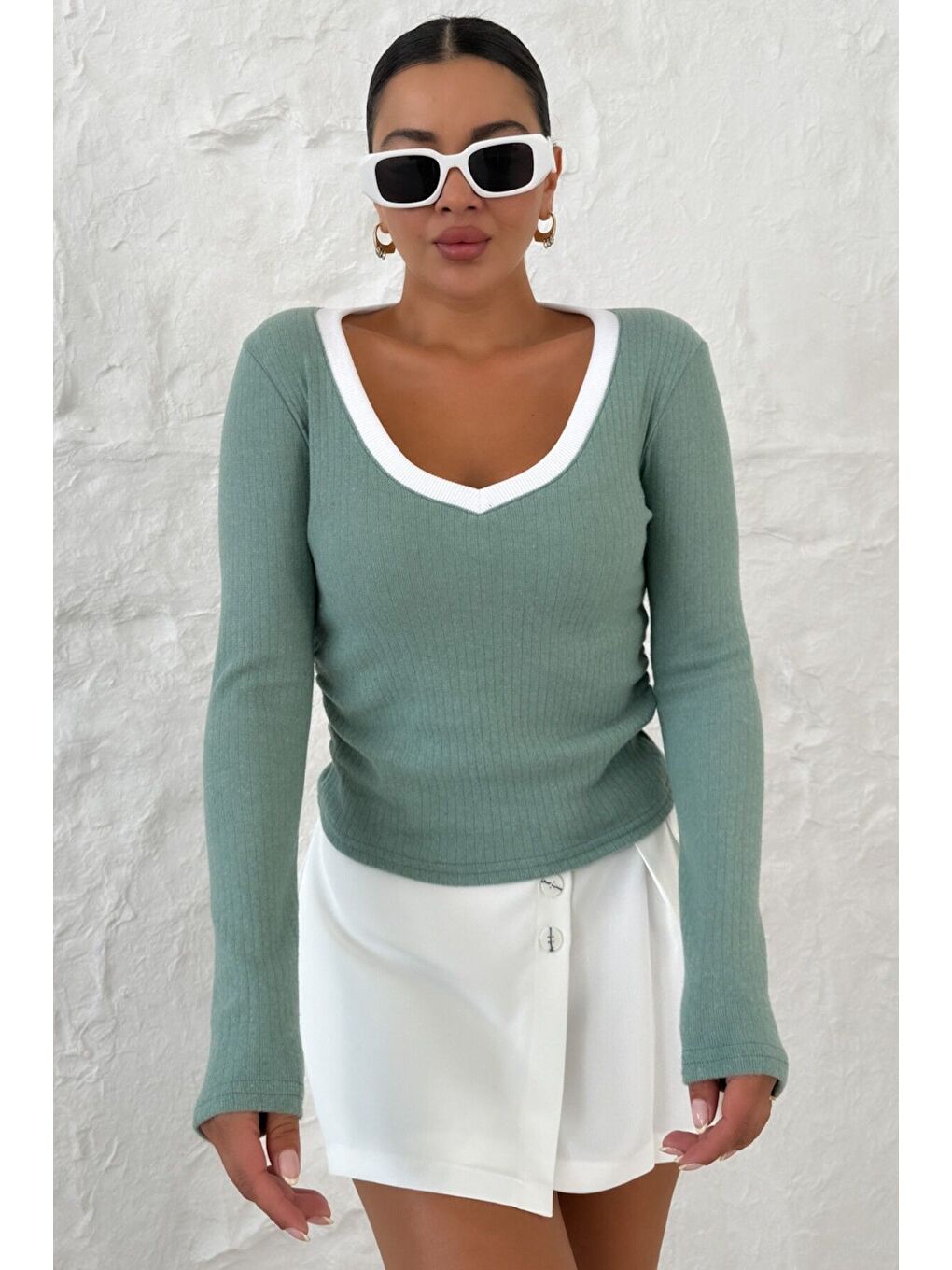 Kadın Mint Yeşili V Yakalı Biyeli Uzun Kollu İnterlok Bluz-1