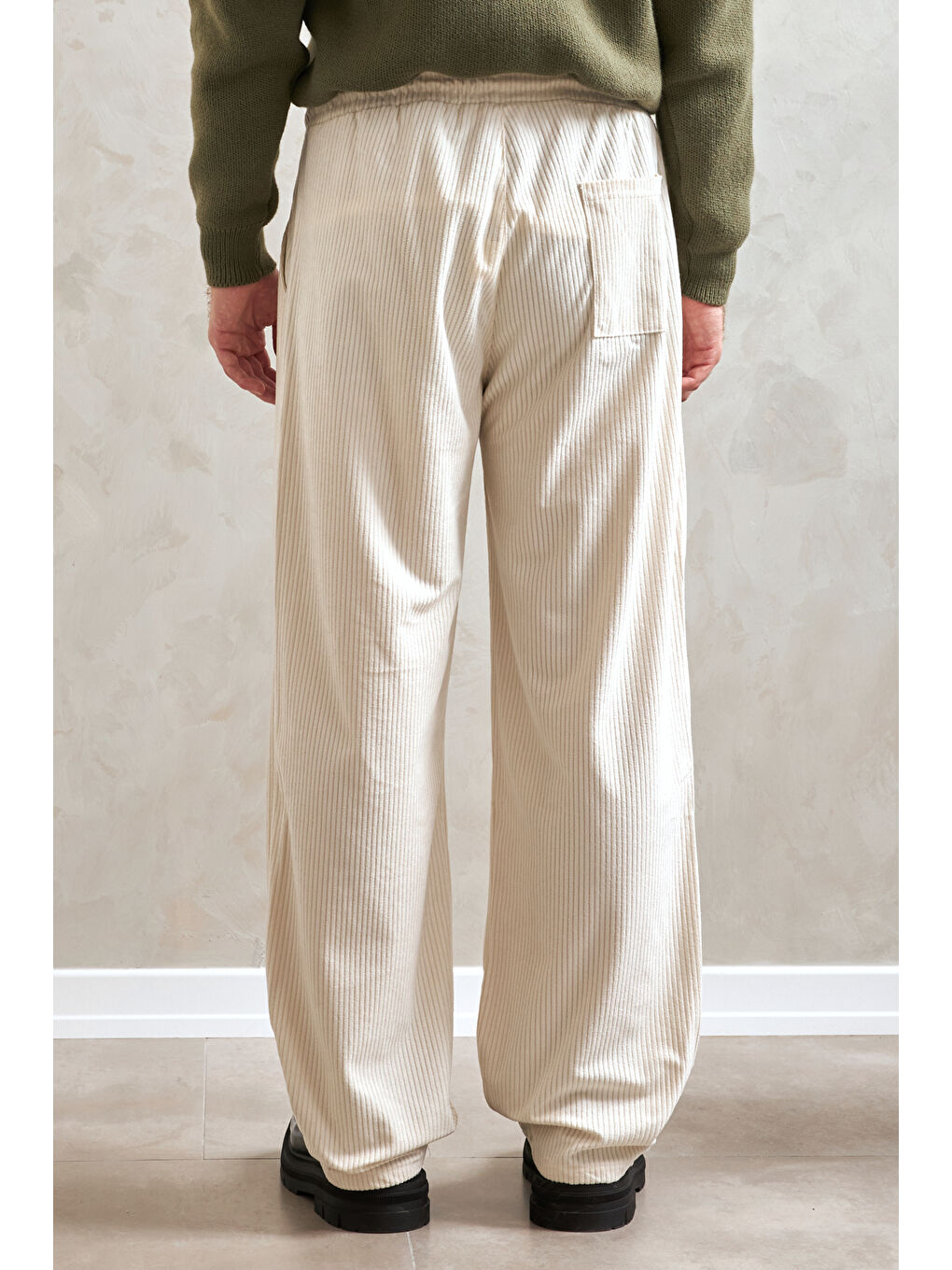 Ekru Erkek Beli Lastikli Baggy Kalıp Kadife Pantolon-5