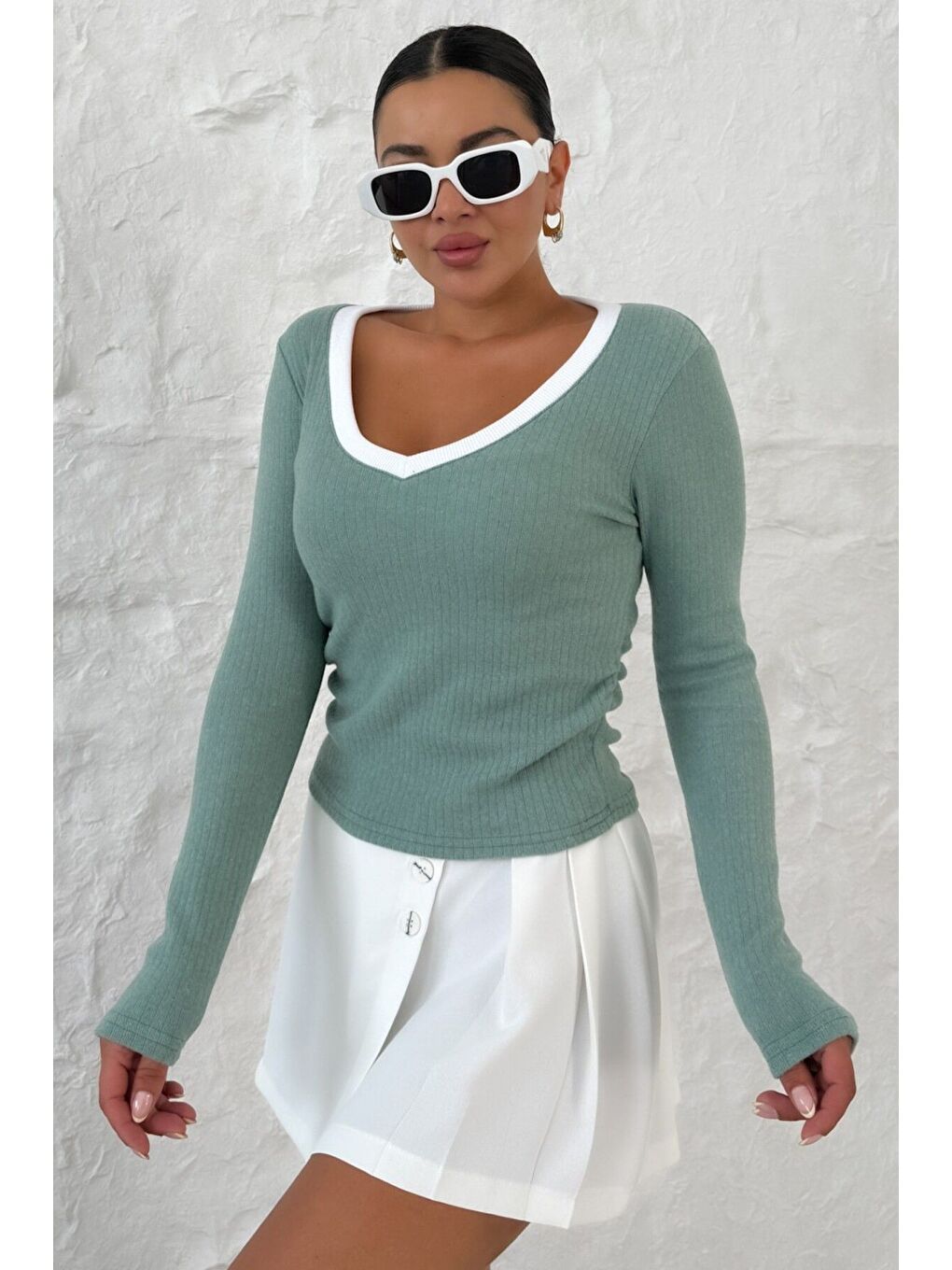 Kadın Mint Yeşili V Yakalı Biyeli Uzun Kollu İnterlok Bluz-2
