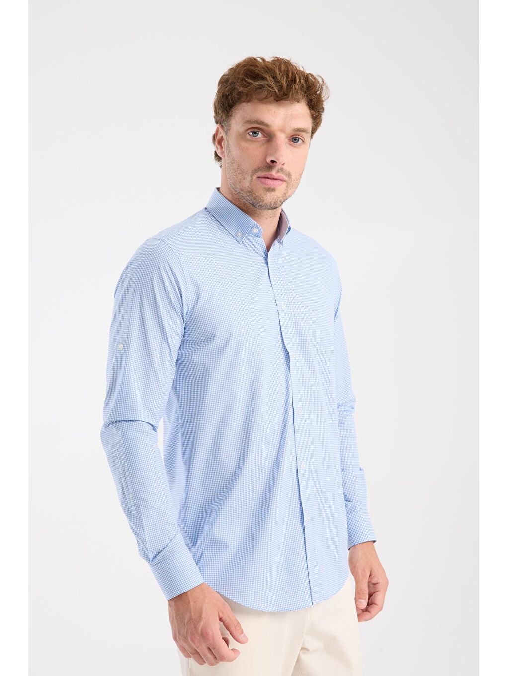 Aclub Ac10073 Poplin Pamuklu Slim Fit Açık Mavi Düğmeli Yaka Erkek Kareli Gömlek-4