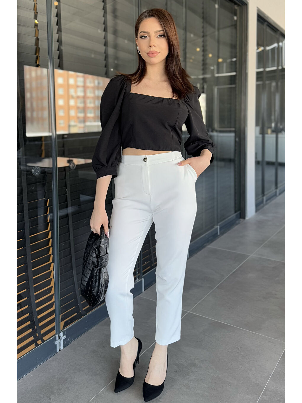 Ekru Büyük Beden Bel Lastikli Kadın Kumaş Pantolon-1