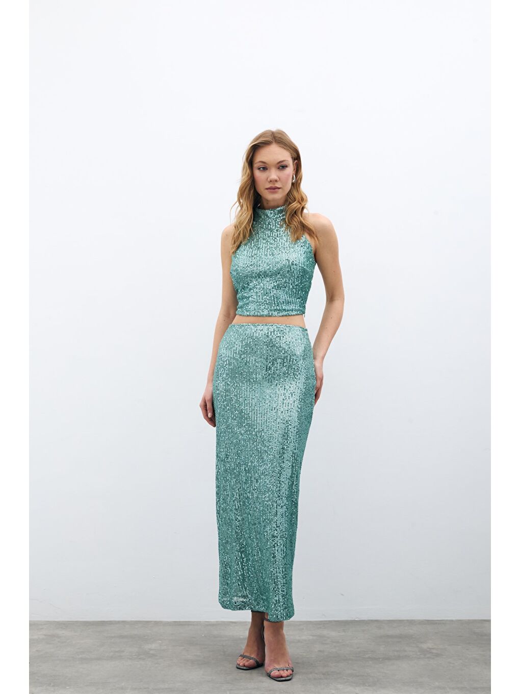 Yeşil Fermuarlı Karolin Midi Etek - Mint-1