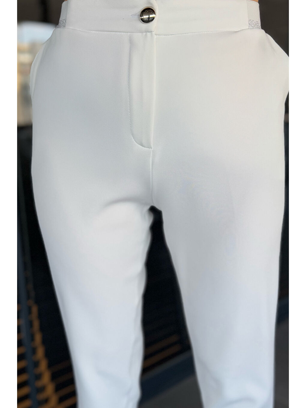 Ekru Büyük Beden Bel Lastikli Kadın Kumaş Pantolon-2