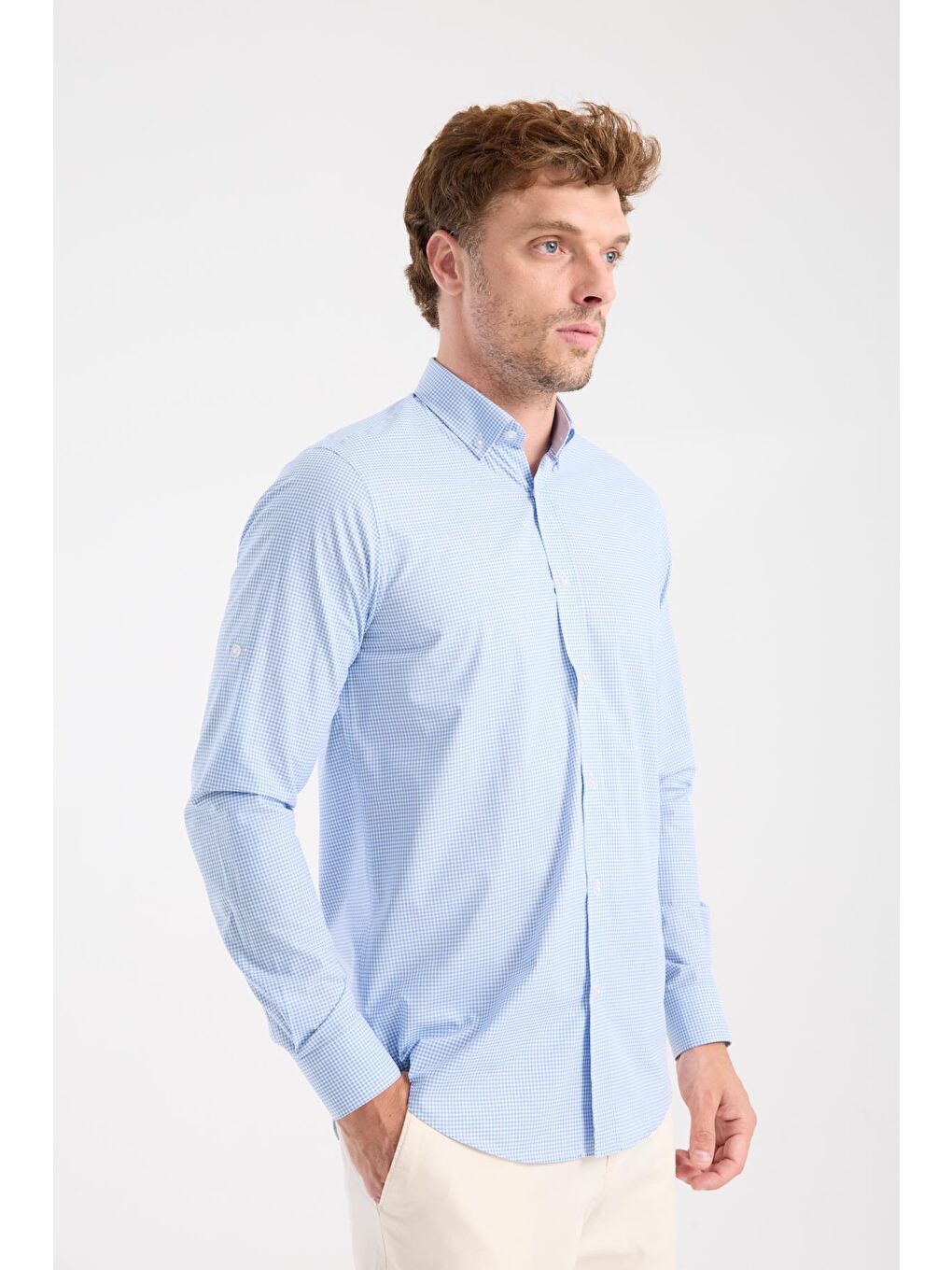 Aclub Ac10073 Poplin Pamuklu Slim Fit Açık Mavi Düğmeli Yaka Erkek Kareli Gömlek-5