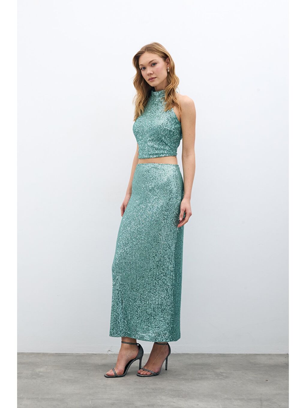 Yeşil Fermuarlı Karolin Midi Etek - Mint-2