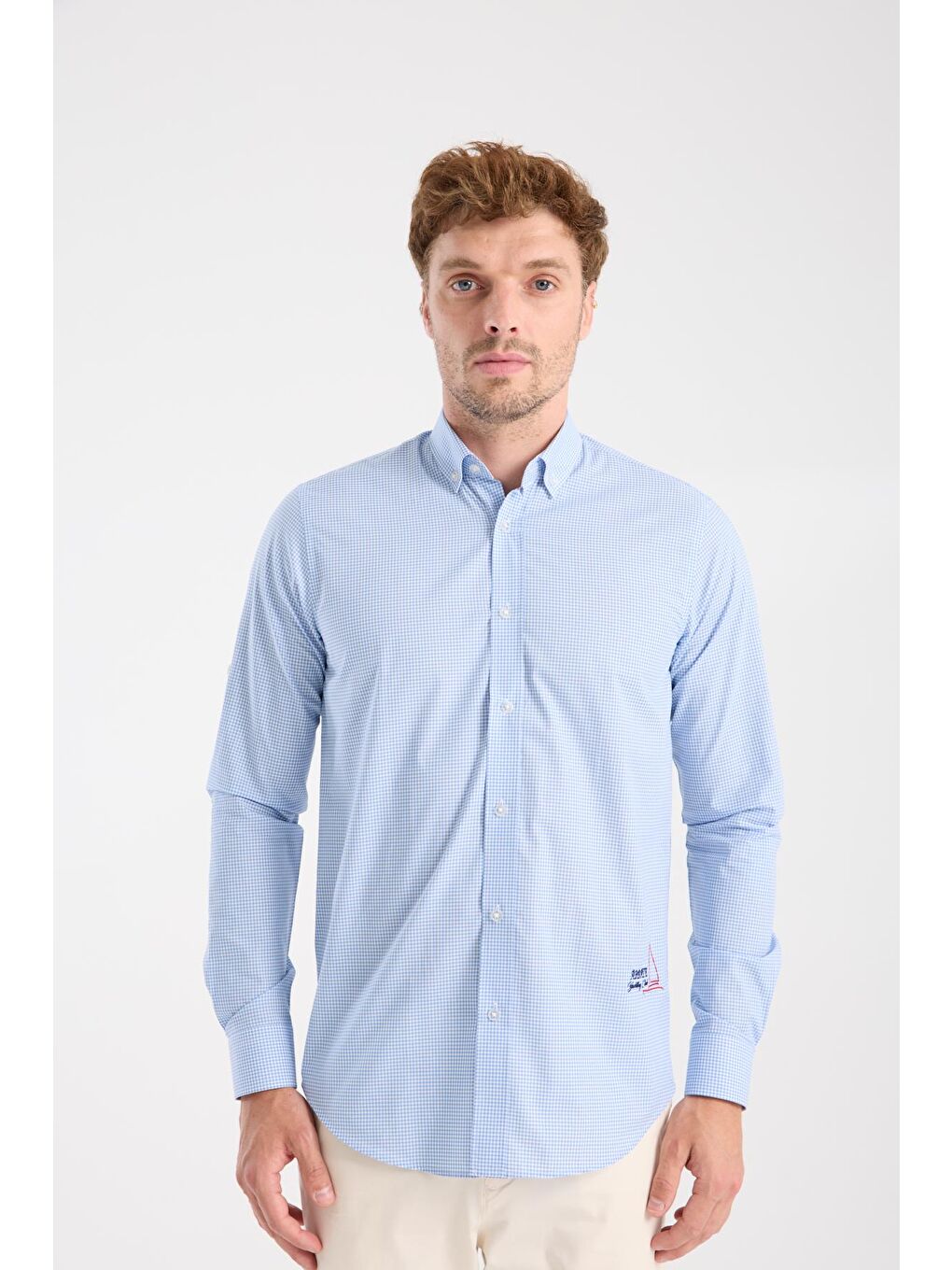 Aclub Ac10073 Poplin Pamuklu Slim Fit Açık Mavi Düğmeli Yaka Erkek Kareli Gömlek-6