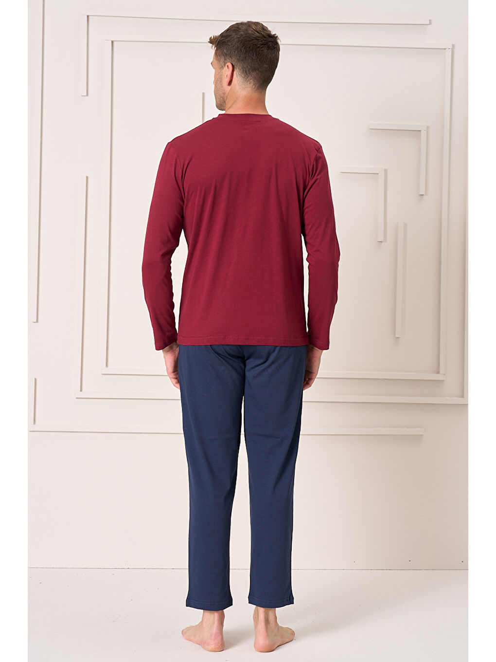 Erkek Pamuk Uzun Kol Pijama Takımı 4104 Bordo-1