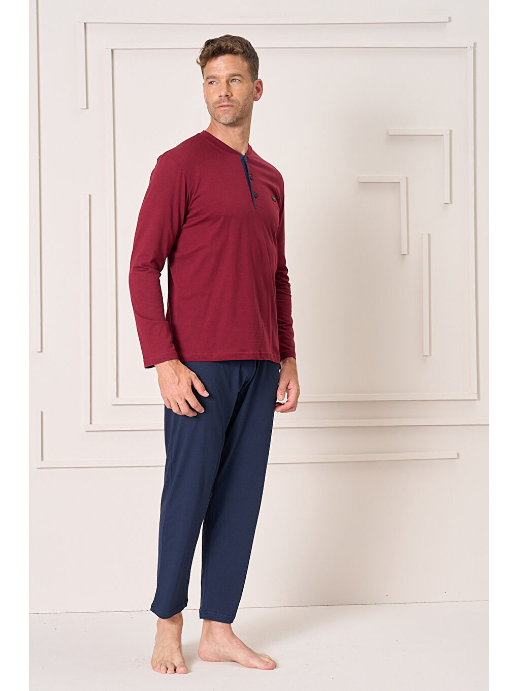 Erkek Pamuk Uzun Kol Pijama Takımı 4104 Bordo-2