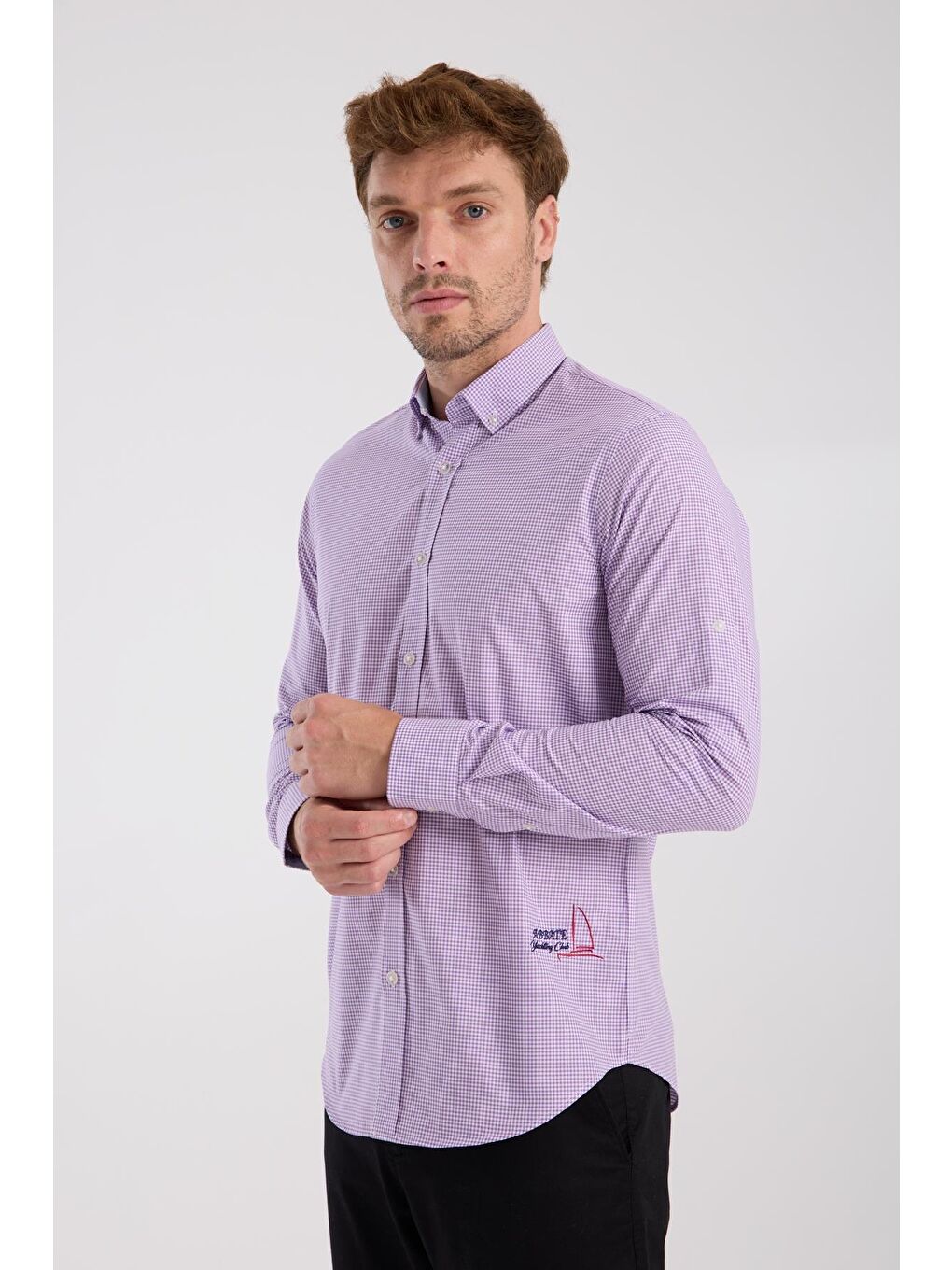 Aclub Ac10073 Poplin Pamuklu Slim Fit Mor Düğmeli Yaka Erkek Kareli Gömlek-2