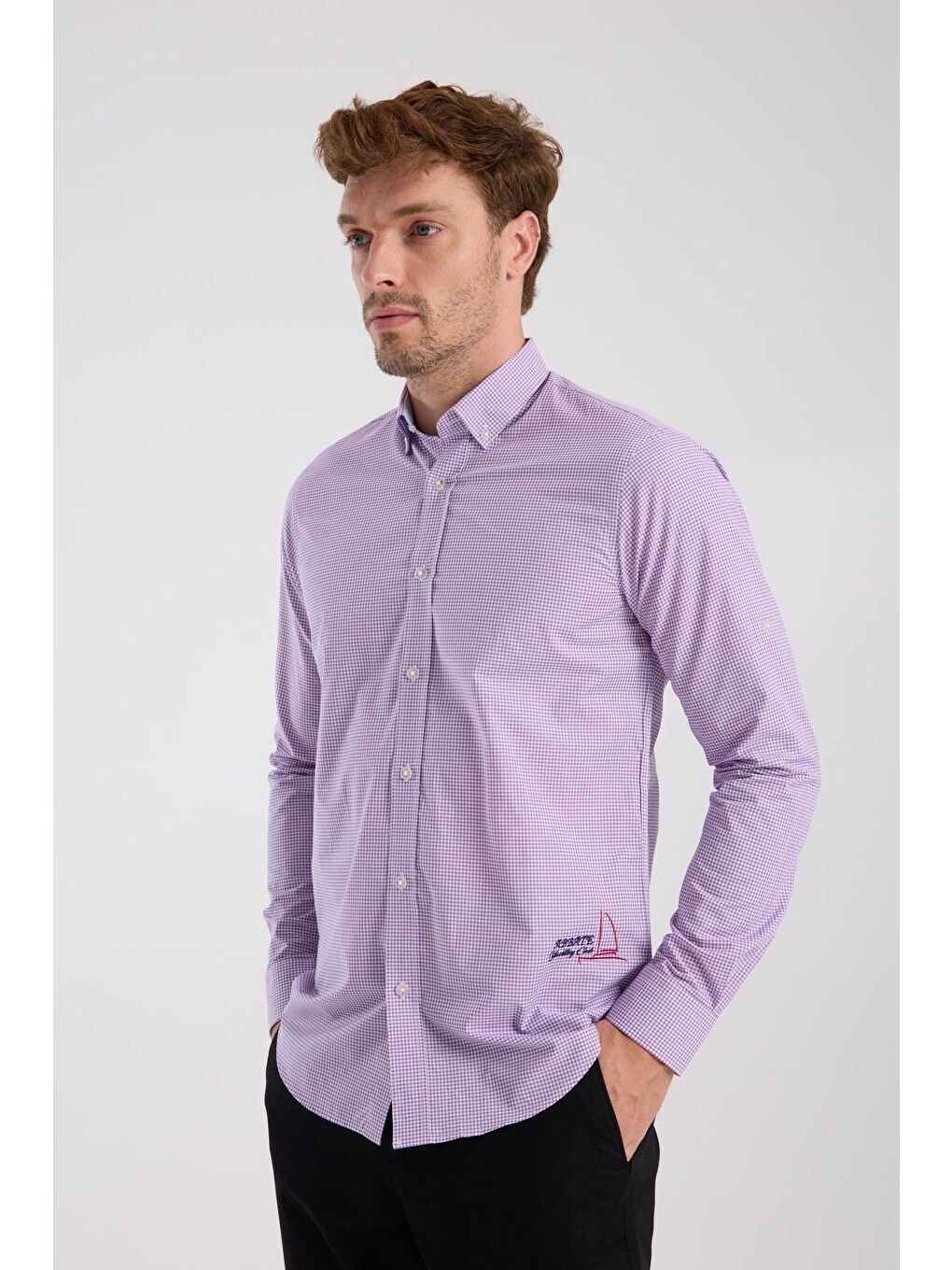 Aclub Ac10073 Poplin Pamuklu Slim Fit Mor Düğmeli Yaka Erkek Kareli Gömlek-3