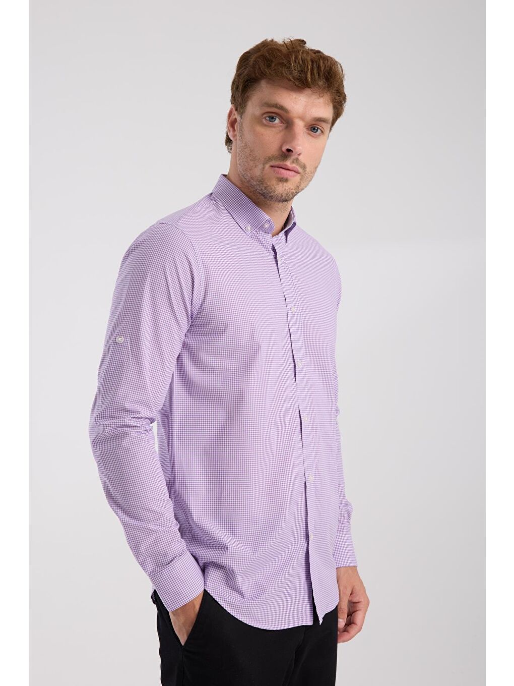 Aclub Ac10073 Poplin Pamuklu Slim Fit Mor Düğmeli Yaka Erkek Kareli Gömlek-4