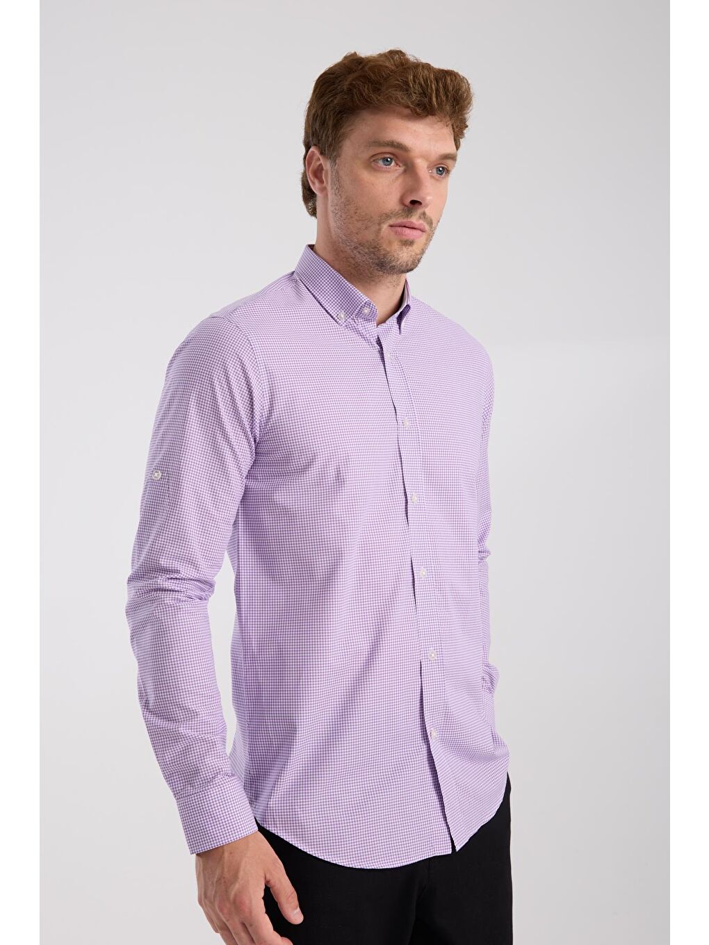 Aclub Ac10073 Poplin Pamuklu Slim Fit Mor Düğmeli Yaka Erkek Kareli Gömlek-5