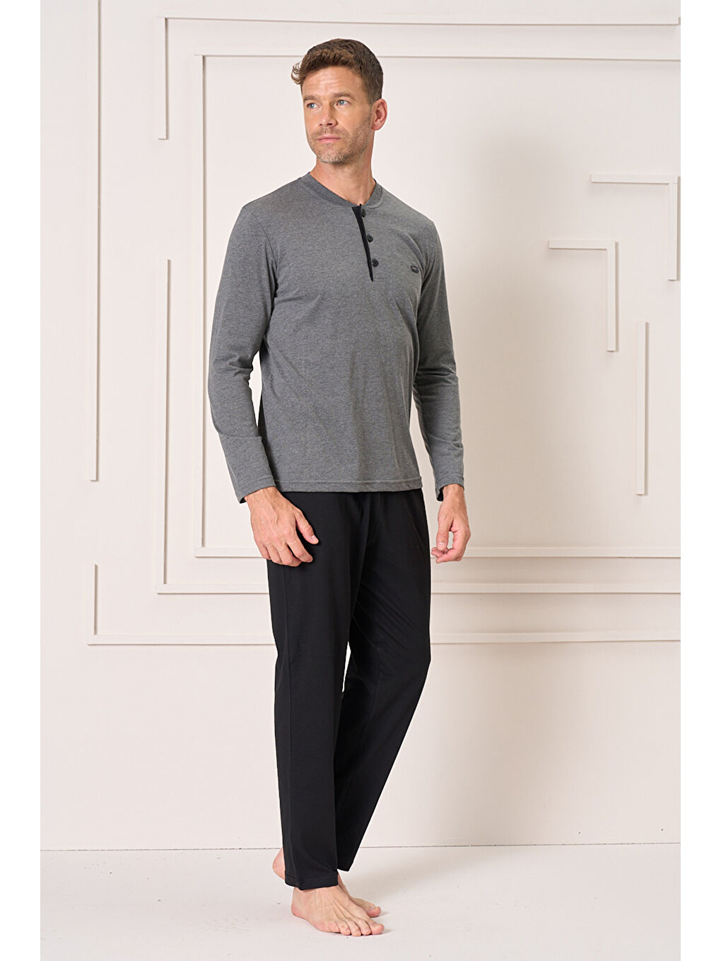 Erkek Pamuk Uzun Kol Pijama Takımı 4107 Antrasit-2