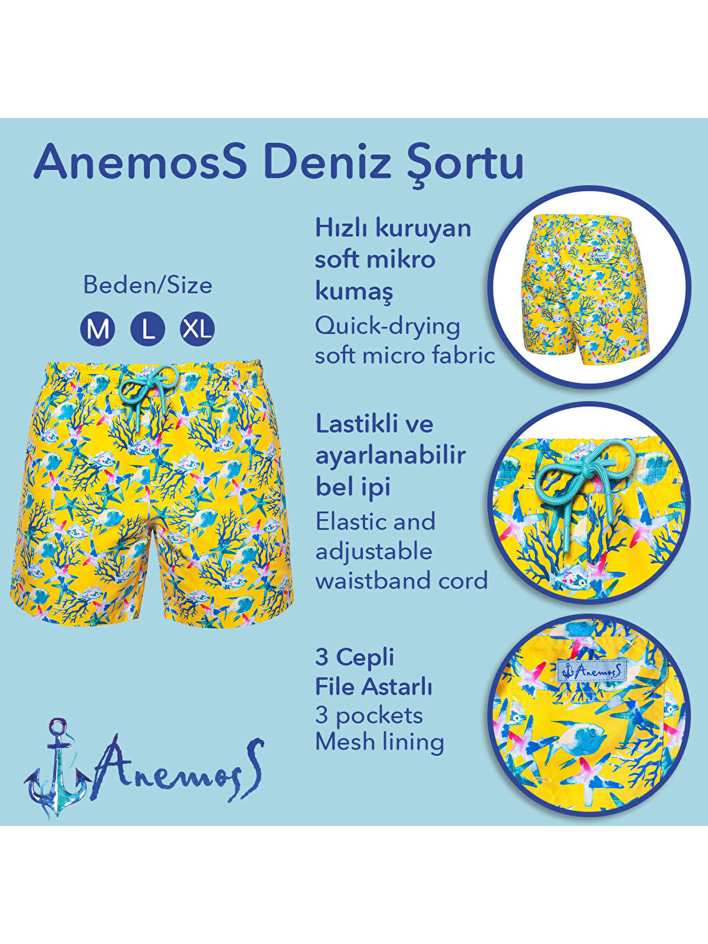 Karışık Akvaryum Üç Cepli İçi Fileli Bel Lastik ve Bağlama İpli Erkek Deniz Şortu-4