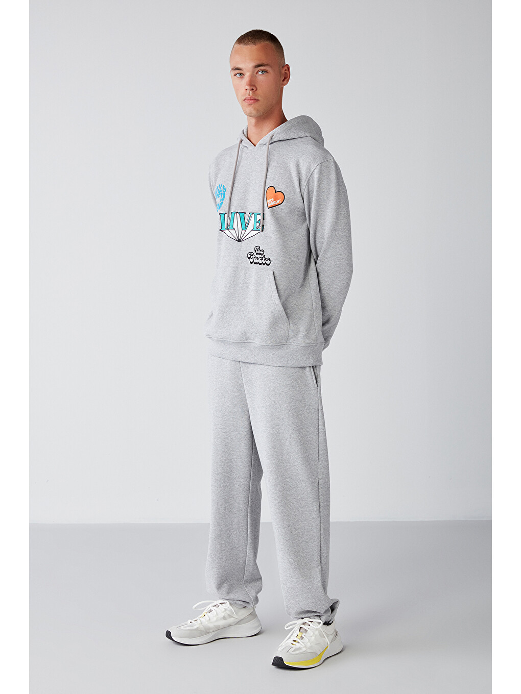 Alıve Erkek Baskı Detaylı Yumuşacık Kanguru Cepli Kapüşonlu Regular Kordonlu Gri Melanj Sweatshirt-1