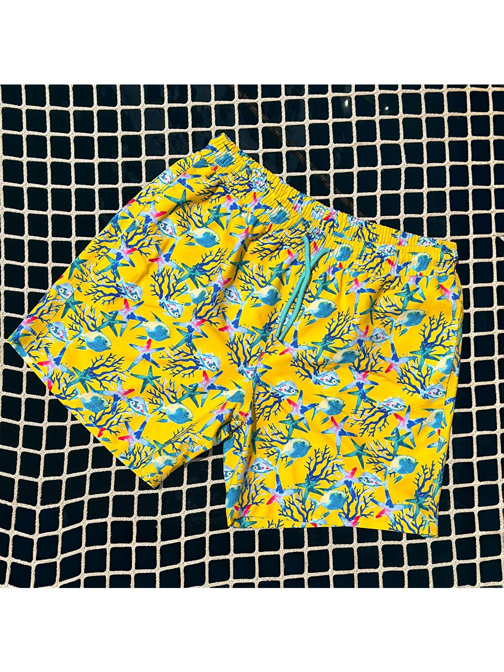 Karışık Akvaryum Üç Cepli İçi Fileli Bel Lastik ve Bağlama İpli Erkek Deniz Şortu-5