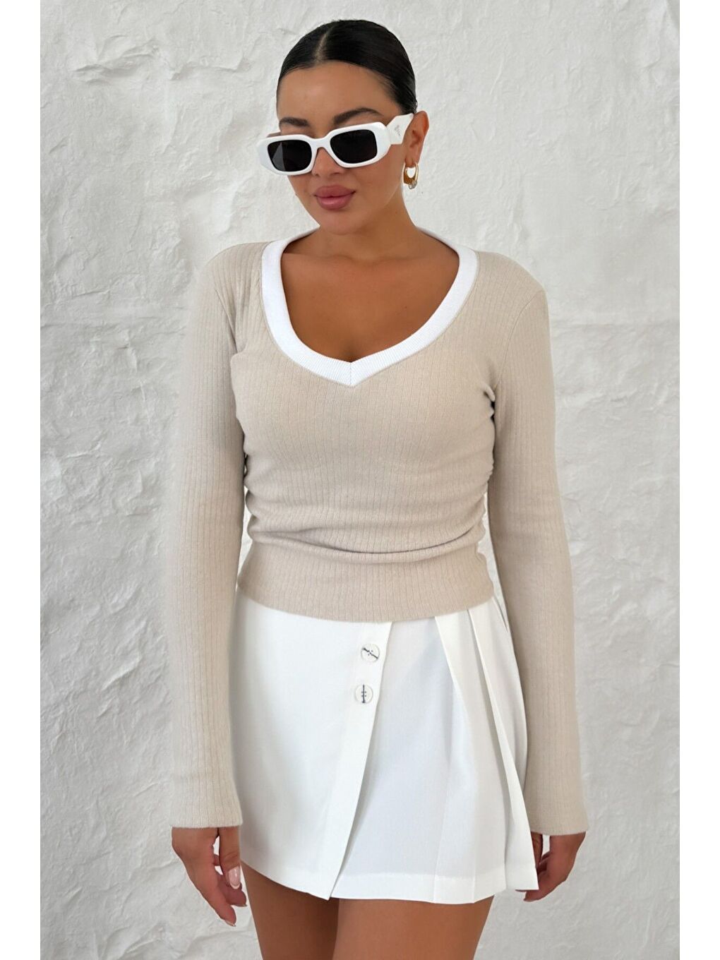 Kadın Bej V Yakalı Biyeli Uzun Kollu İnterlok Bluz-3