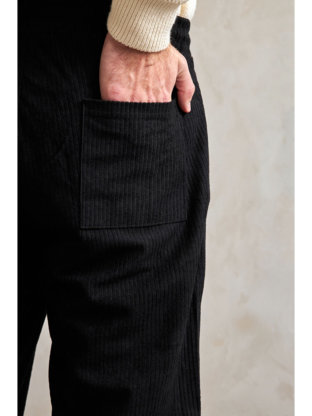 Siyah Erkek Beli Lastikli Baggy Kalıp Kadife Pantolon-5